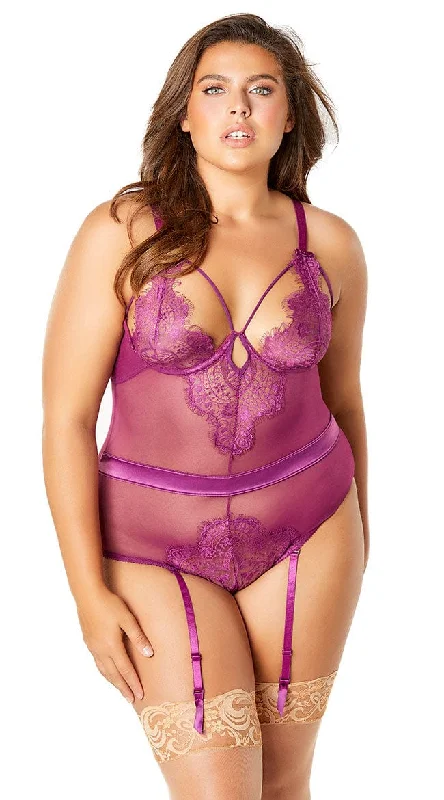 Plus Size Eyelash Lace Teddy with Garters