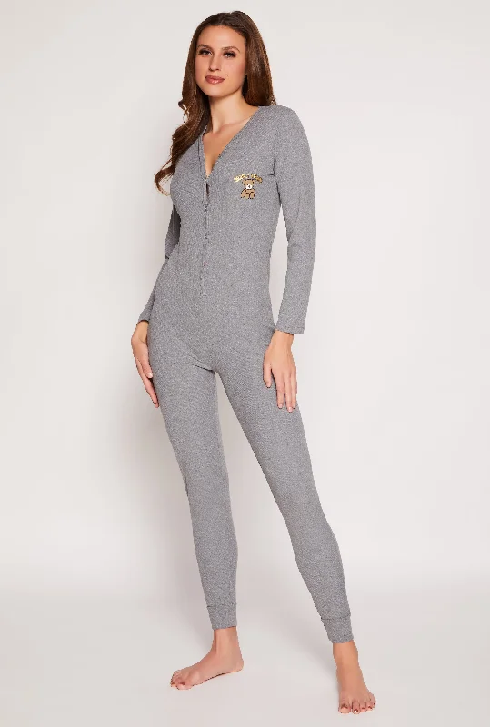 Ribbed Bearly Awake Embroidered Onesie Pajamas