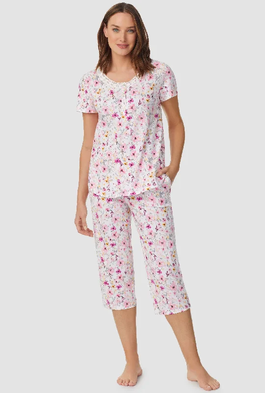 Pink and Magenta Floral Short Sleeve Capri Pant PJ Set